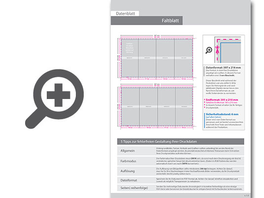 Product Bild faltblatt__gefalzt_auf_din_lang__8-seiter_(wickelfalz)__beidseitig_bedruckt_(4_4_farbig_+_2_sonderfarben_hks)