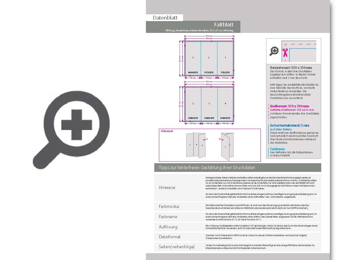 Product Bild faltblatt__gefalzt_auf_din_lang__6-seiter_(wickelfalz)__beidseitig_bedruckt_(4_4_farbig_+_1_sonderfarbe_hks)